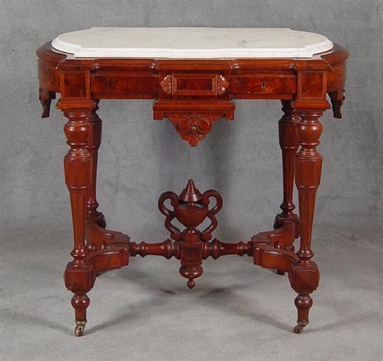 Appraisal: Victorian Marble Top Parlor Table Circa Walnut and burl veneers