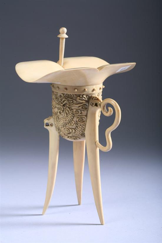 Appraisal: CHINESE CARVED IVORY EWER With carved cover held by chain