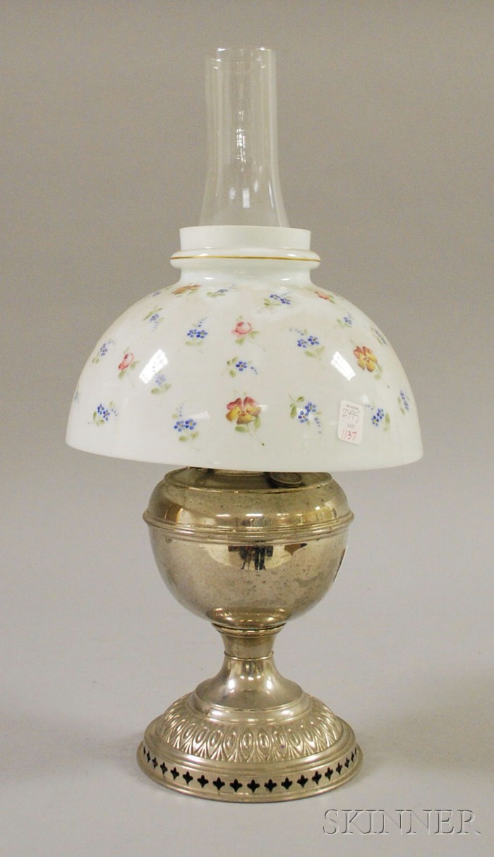 Appraisal: Nickel Plated Metal Kerosene Table Lamp with Hand-painted Floral Decorated