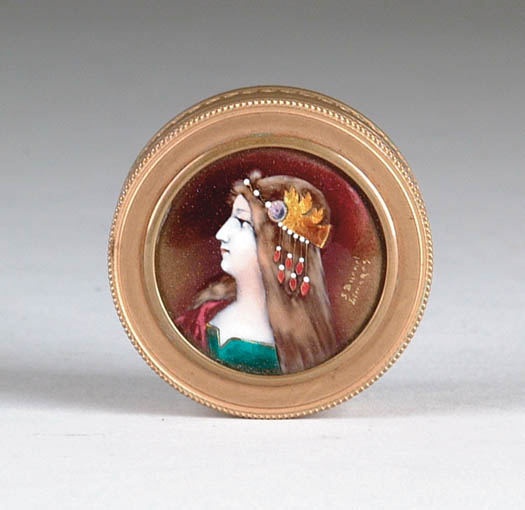 Appraisal: ENAMELED COVERED BRASS BOX The top profile portrait of a