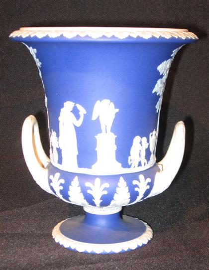 Appraisal: Wedgwood blue jasperware twin handled vase H in PROVENANCE The