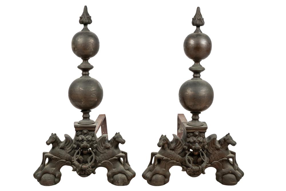 Appraisal: PAIR OF ANDIRONSlion and horse motif inches high Condition