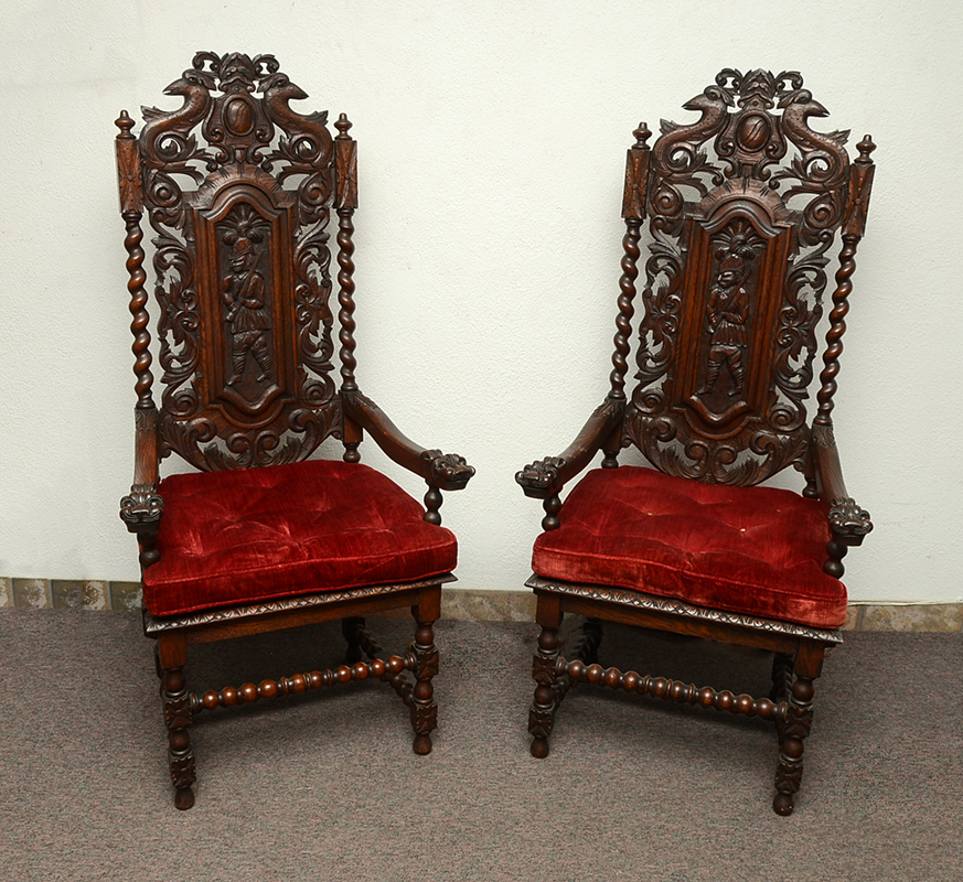 Appraisal: PAIR TH CENTURY CARVED SPANISH REVIVAL CHAIRS Profusely reticulated carved