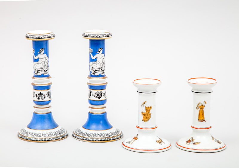 Appraisal: NEO-GREC TWO PAIR OF CANDLESTICKS Transfer-printed porcelain x in diam