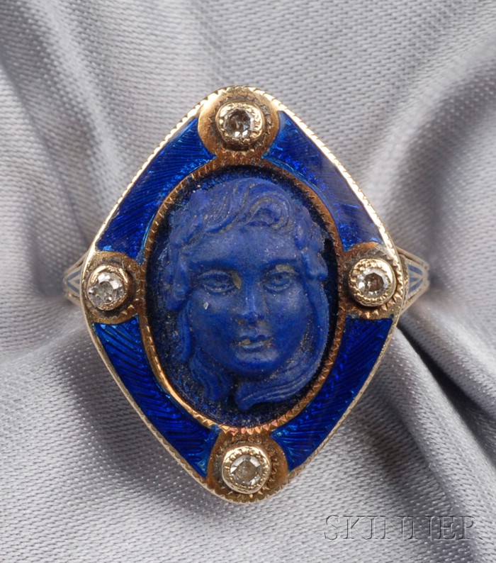 Appraisal: Art Deco Lapis and Diamond Cameo Ring depicting a young