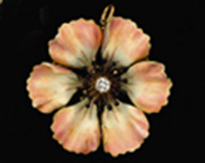 Appraisal: Iridescent enamel pink and yellow flower pin early th century