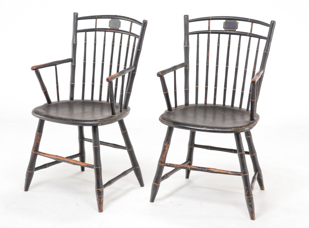 Appraisal: PAIR OF AMERICAN BIRDCAGE WINDSOR ARMCHAIRS Ca mixed woods Bamboo