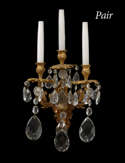 Appraisal: Large Pair of French Gilt-Bronze and Cut Glass Three-Light Appliques