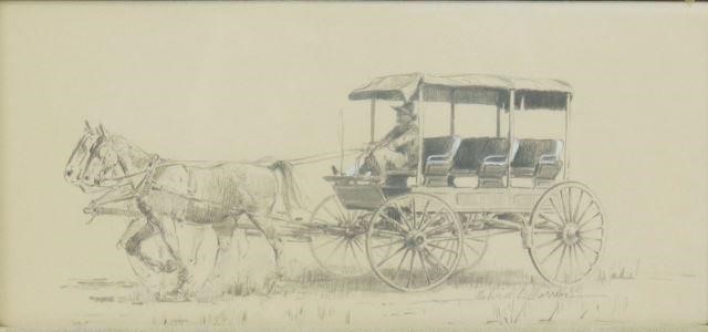 Appraisal: Framed pencil drawing on paper Horses Carriage signed lower right