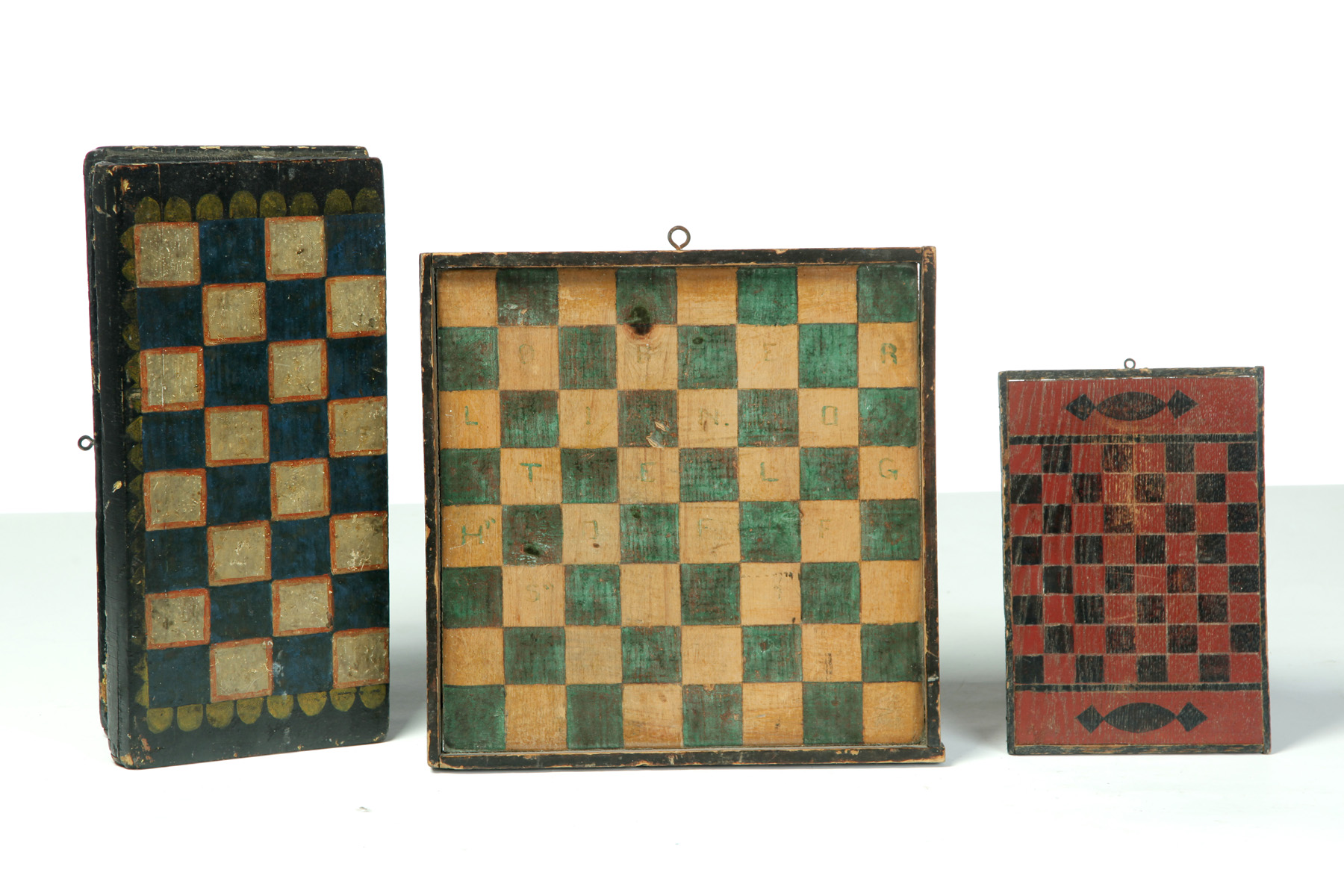 Appraisal: THREE AMERICAN GAMEBOARDS First half- th century Painted checkerboards Folding