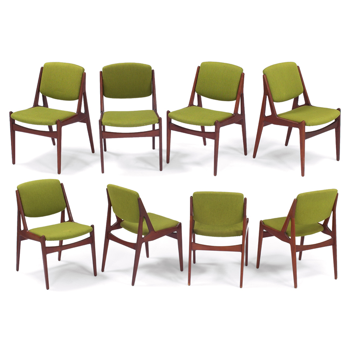 Appraisal: Arne Vodder dining chairs eight green wool