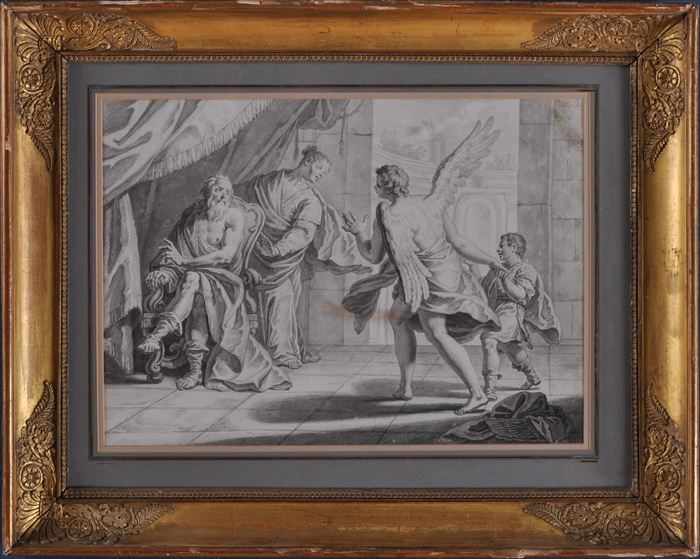 Appraisal: CONTINENTAL SCHOOL INTERIOR SCENE WITH FIGURES AND ANGEL Ink and