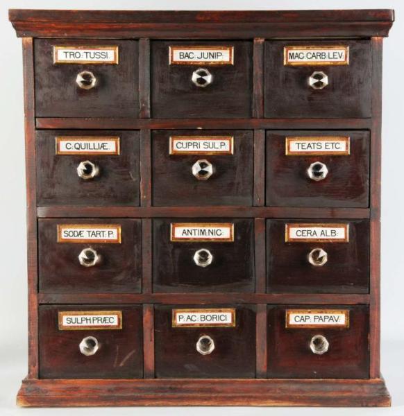 Appraisal: Pine Apothecary -Drawer Cabinet Description Reverse painted glass labels Refinished