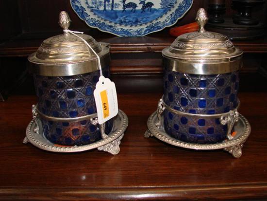 Appraisal: Two crystal and silverplate biscuit boxes cobalt cut-to-clear cylindrical glass