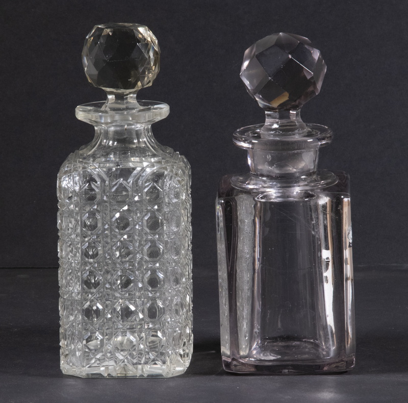 Appraisal: CRYSTAL DECANTERS Lot of Clear Crystal Square Decanters with faceted