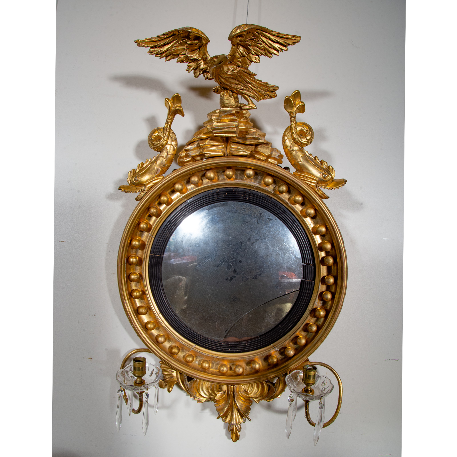 Appraisal: AMERICAN CLASSICAL GILTWOOD GIRANDOLE MIRROR Circa circular mirror with pediment