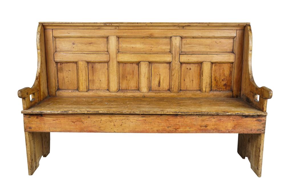 Appraisal: PINE SETTLE BENCH th century with paneled back two-plank seat