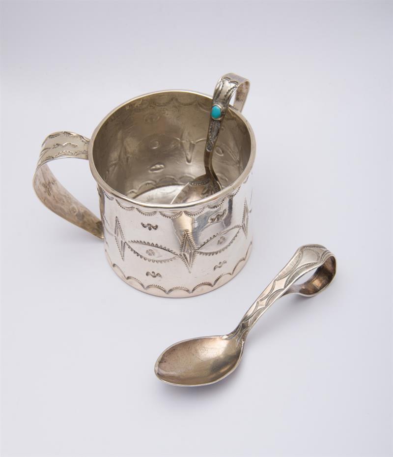 Appraisal: LATIN AMERICAN INCISED SILVER BABY MUG AND TWO SPOONS Unmarked