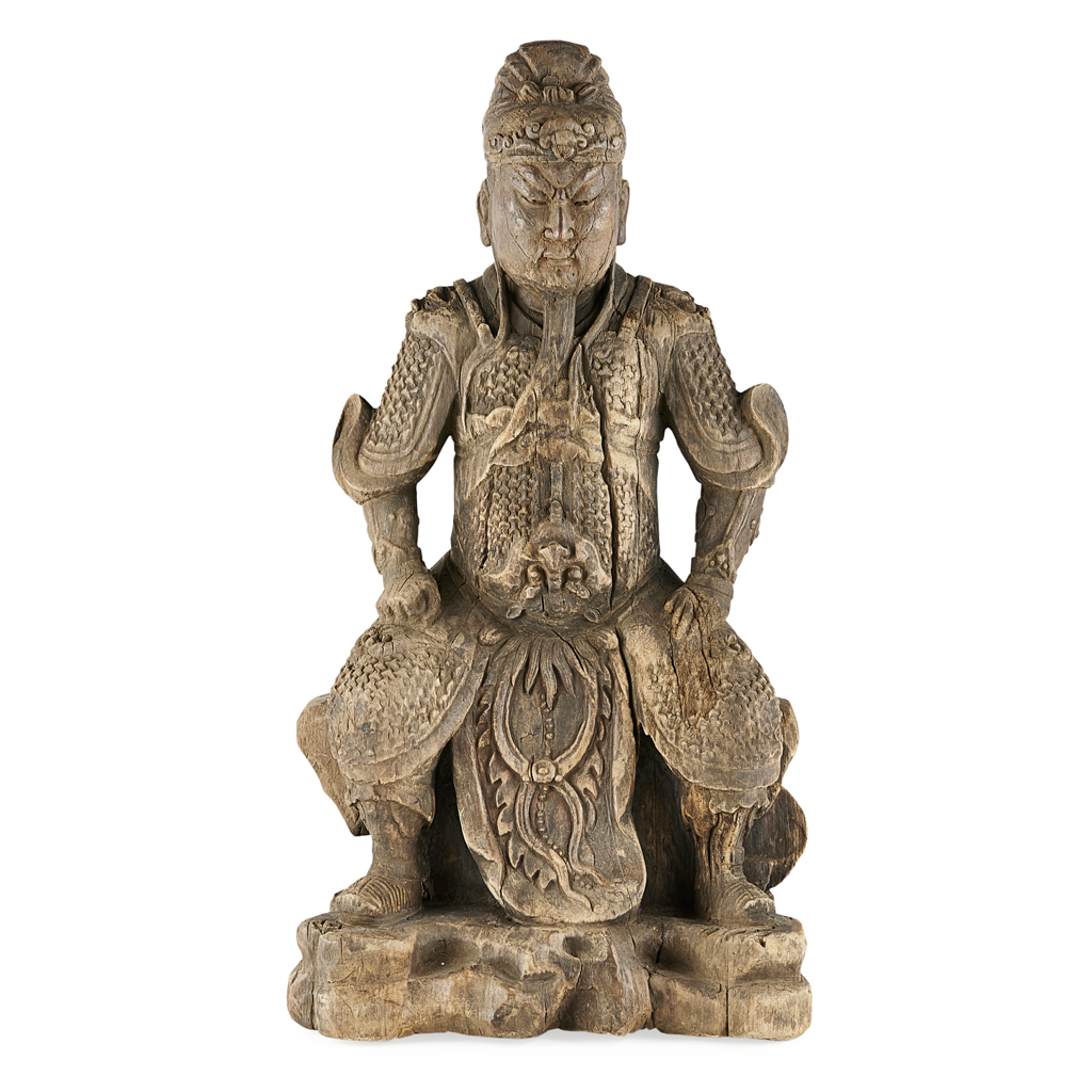 Appraisal: CARVED WOOD FIGURE OF GUANDI modelled seated on a throne