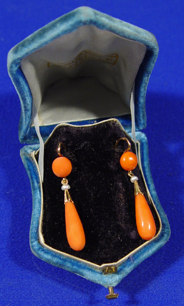 Appraisal: Pair of coral and pearl pendant earrings