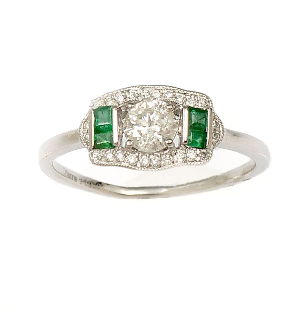 Appraisal: CUSTOM PLATINUM EMERALD DIAMOND RING CT round brilliant cut diamond