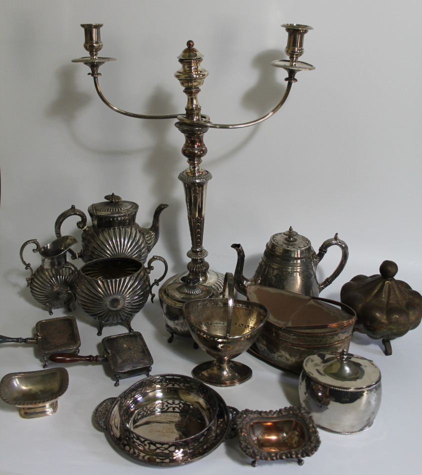 Appraisal: A group of silver plated wares including two branch candelabrum