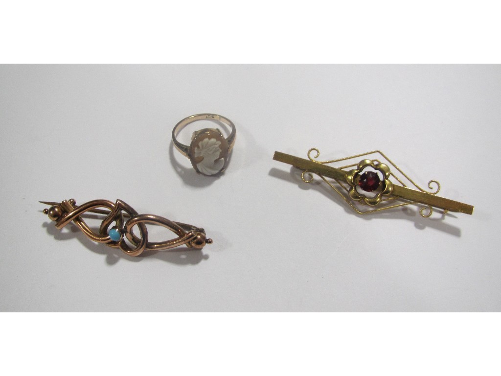 Appraisal: Lot comprising two ct gold gem set bar brooches and