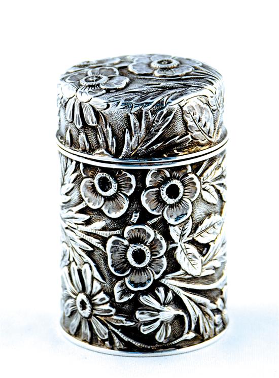 Appraisal: Gorham sterling-clad perfume bottle circa hinged cylinder form chased with