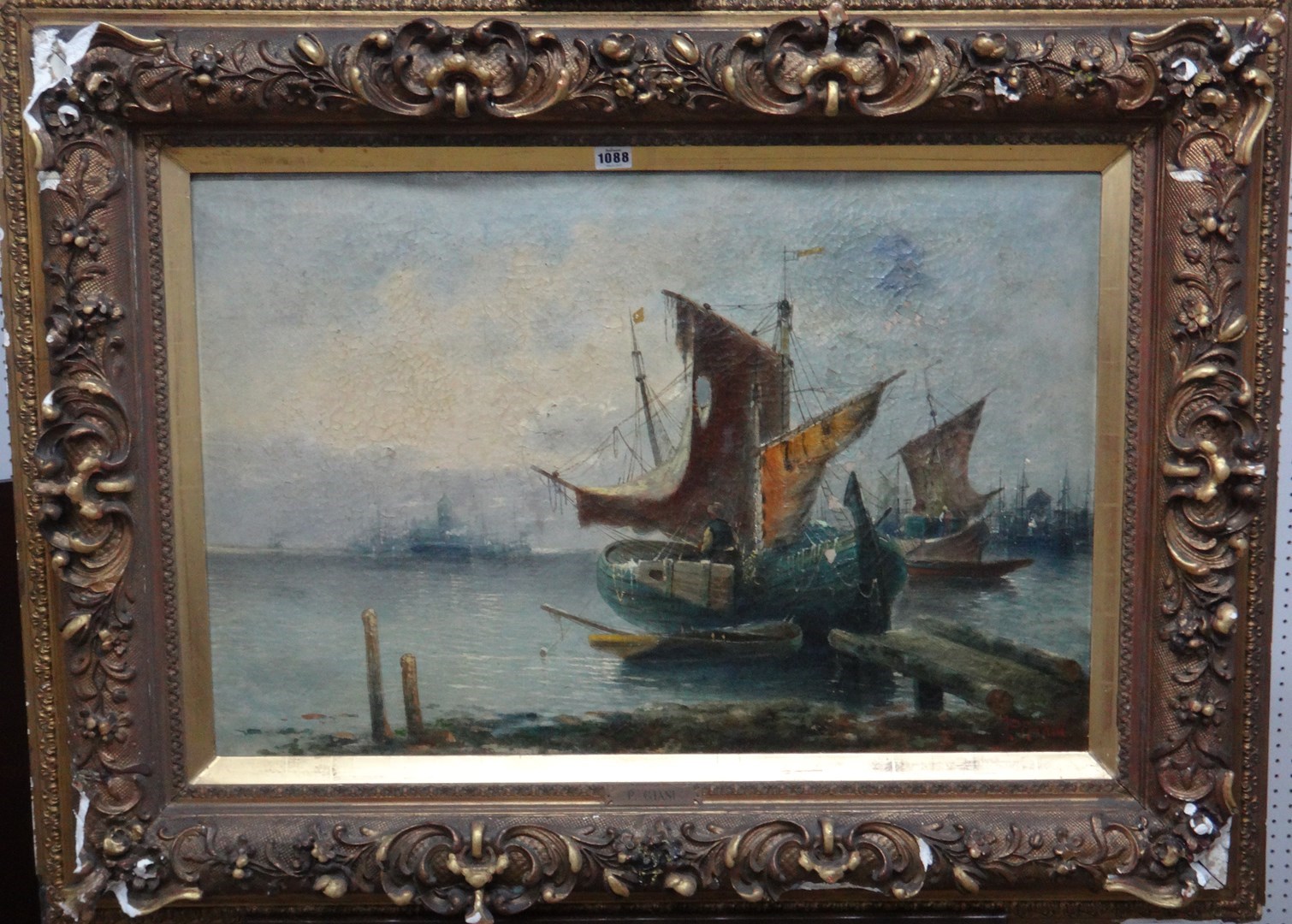 Appraisal: P Giani late th century Boats by the shore oil