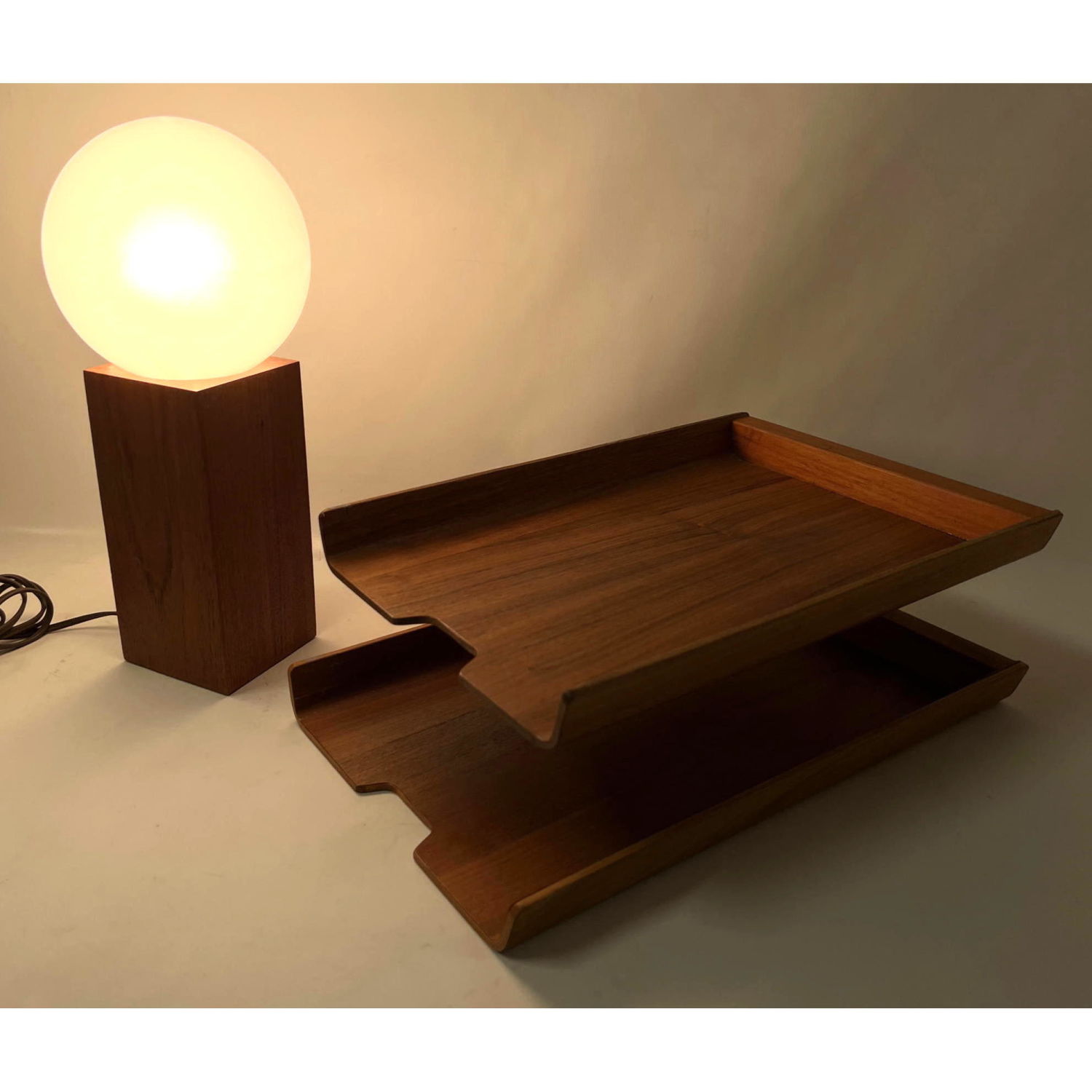 Appraisal: Rainbow Sweden teak paper tray and Walnut rectangular lamp with