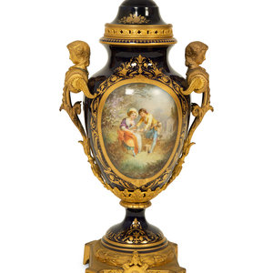 Appraisal: A Sevres Style Porcelain Gilt Bronze Mounted Covered Urn cobalt