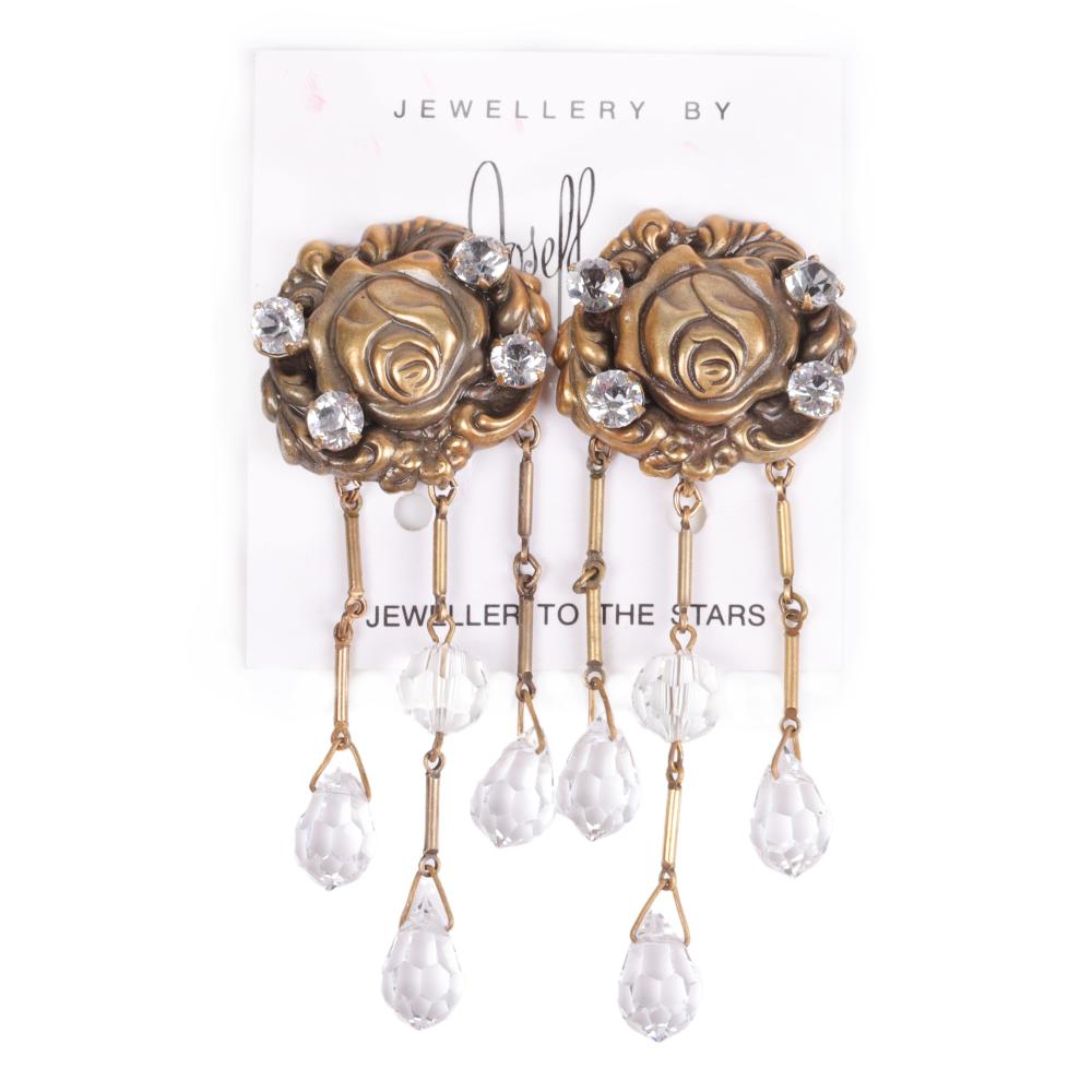 Appraisal: JOSEFF OF HOLLYWOOD RHINESTONE STUDDED FLORAL EARRINGS WITH CRYSTAL PRISM