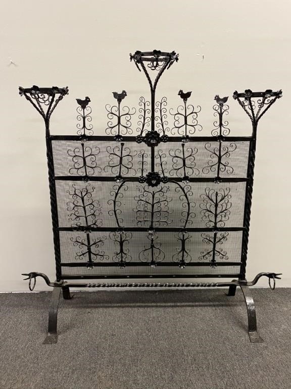 Appraisal: Decorative wrought iron fire screen with Yellin type features h