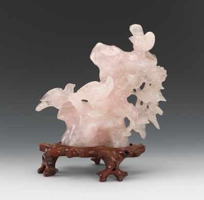 Appraisal: A Rose Quartz Figurine with Birds and Flowers With three