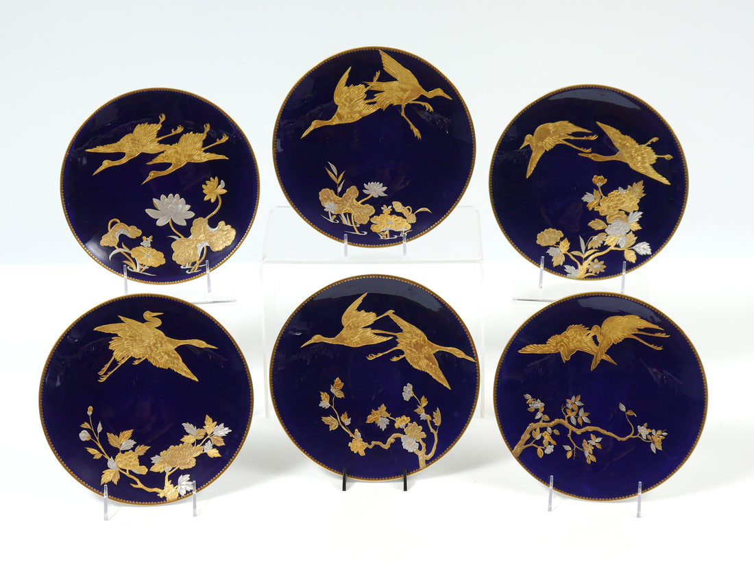 Appraisal: COBALT GOLD DECORATED FLYING CRANE CABINET PLATES Set of richly