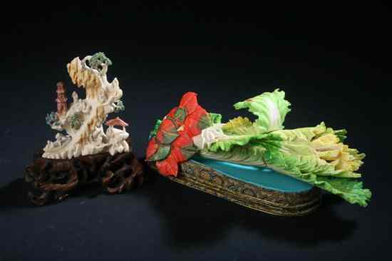 Appraisal: CHINESE POLYCHROME IVORY MODEL OF CABBAGE AND INSECTS Together with