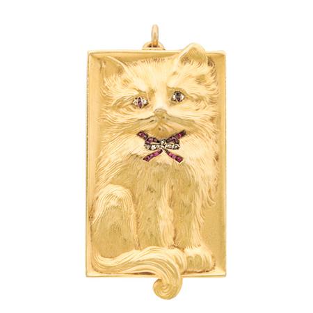 Appraisal: Art Nouveau Gold Diamond and Ruby Cat Pill Box Pendant