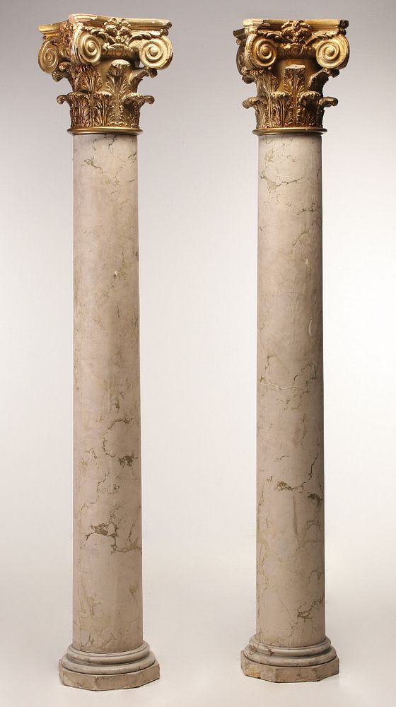 Appraisal: A PAIR GOOD FAUX MARBLE CARVED WOOD COLUMNS C The