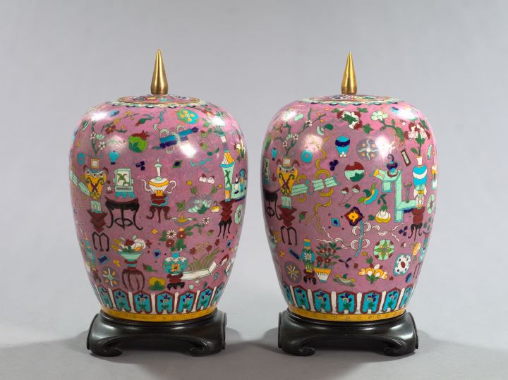 Appraisal: Pair of Kuang-Hsu Mulberry-Ground Cloisonne Covered Pyriform Vases fourth quarter