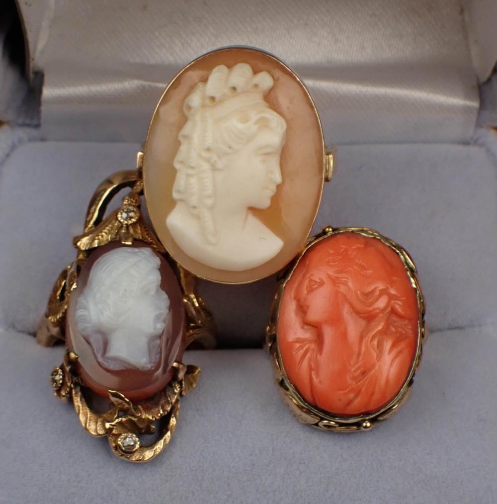 Appraisal: THREE VINTAGE CAMEO RINGS all K yellow gold ring sizes