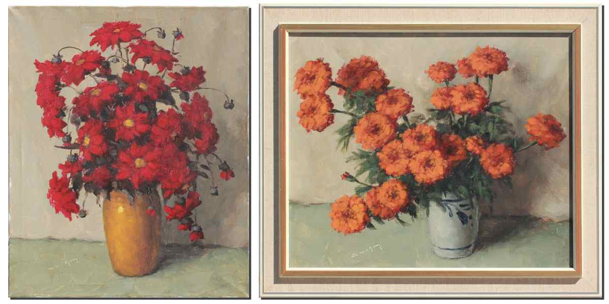 Appraisal: PAIR OF ILLEGIBLY SIGNED FLORAL STILL LIFE PAINTINGS Red Flowers