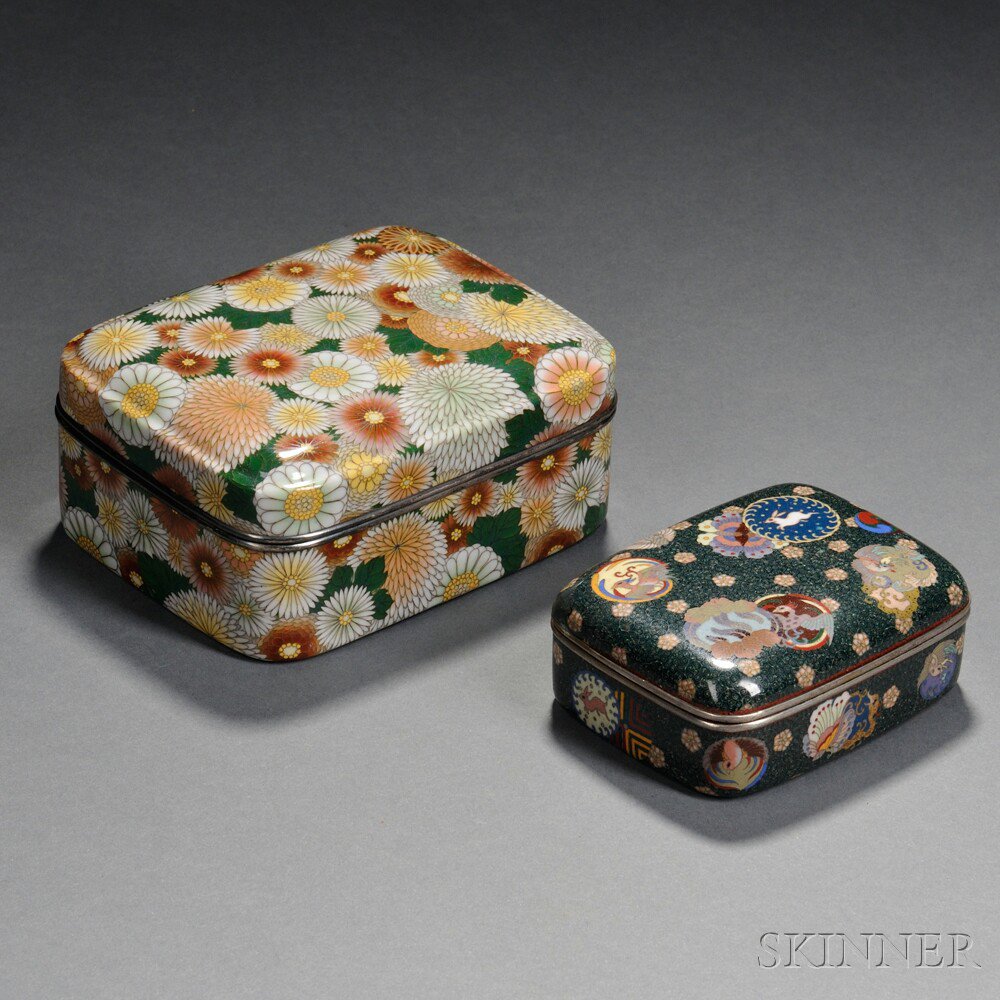 Appraisal: Two Silver Cloisonne Covered Boxes Japan th century both rectangular