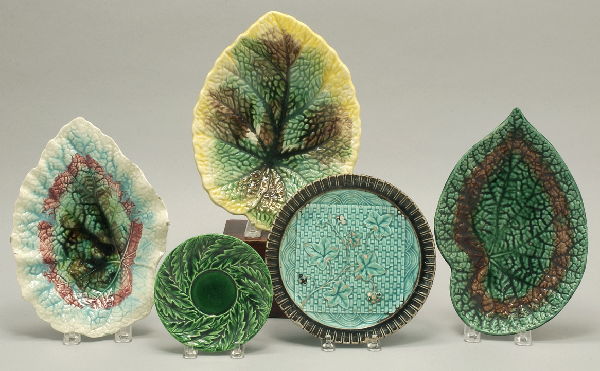 Appraisal: FIVE MAJOLICA PLATES th CenturyThree leaf-form plates one lunch plate