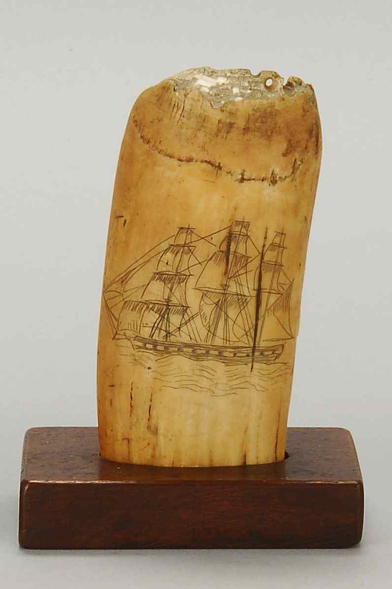 Appraisal: SCRIMSHAW WHALE'S TOOTH th CenturyDecorated with a full-rigged ship on