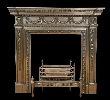 Appraisal: GEORGE III-STYLE STEEL AND MARBLE FIREPLACE SURROUND ft in x