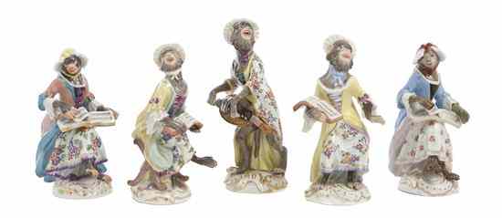 Appraisal: A Meissen Porcelain Five-Piece Monkey Band comprising a recorder player