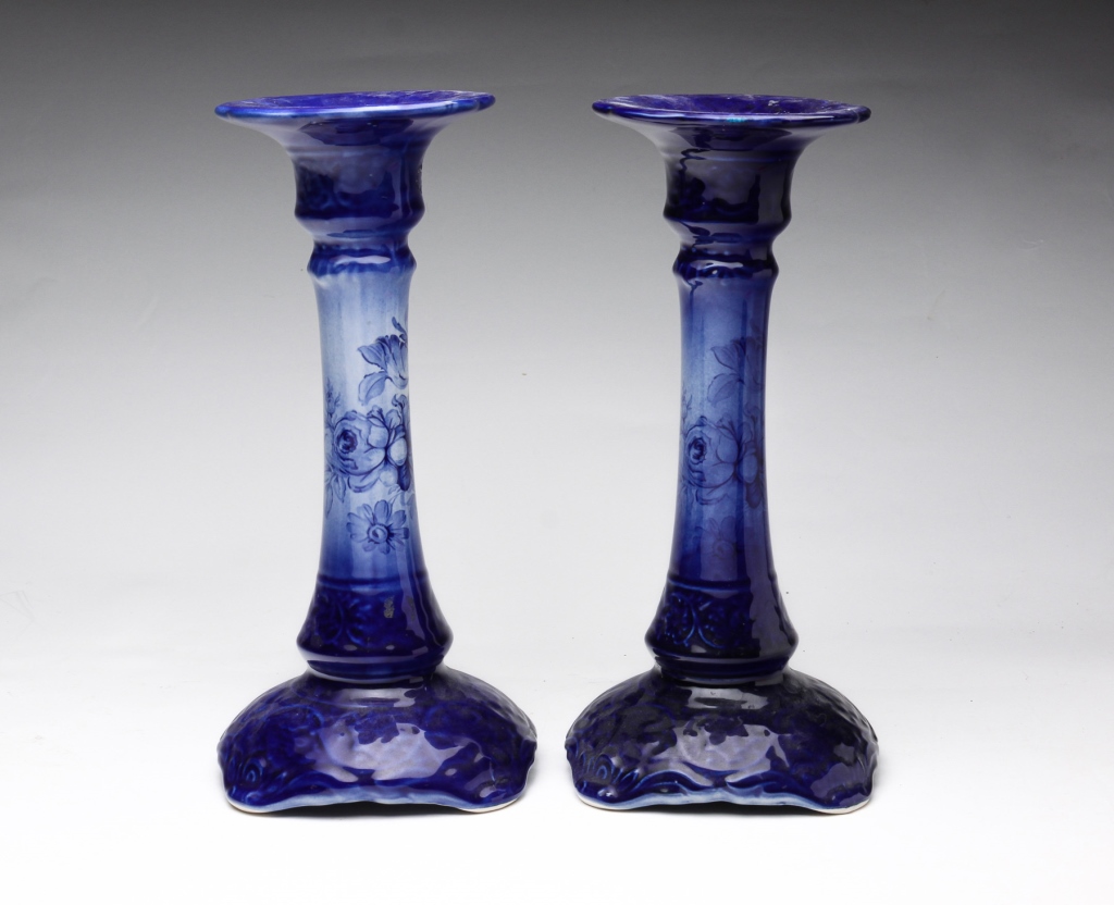 Appraisal: First half th century Flow blue candlesticks marked Staffordshire England