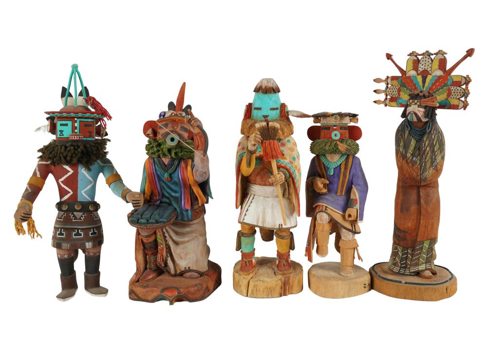 Appraisal: FIVE PAINTED WOOD KACHINA DOLLSone signed Alvin Navasie inches high