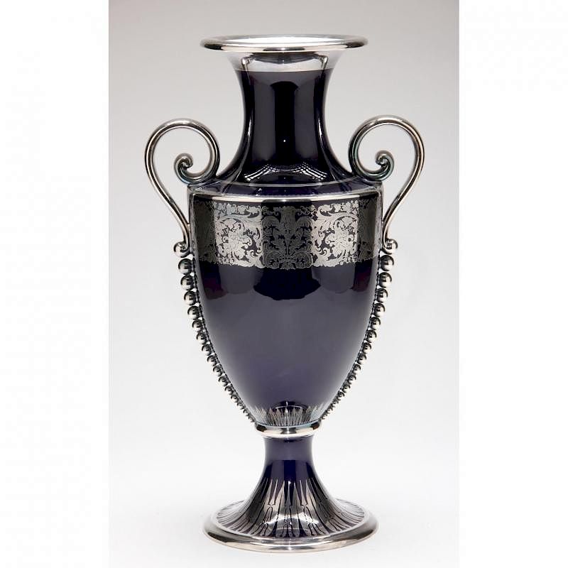 Appraisal: Rosenthal Silver Overlay Porcelain Urn classical style urn with cobalt