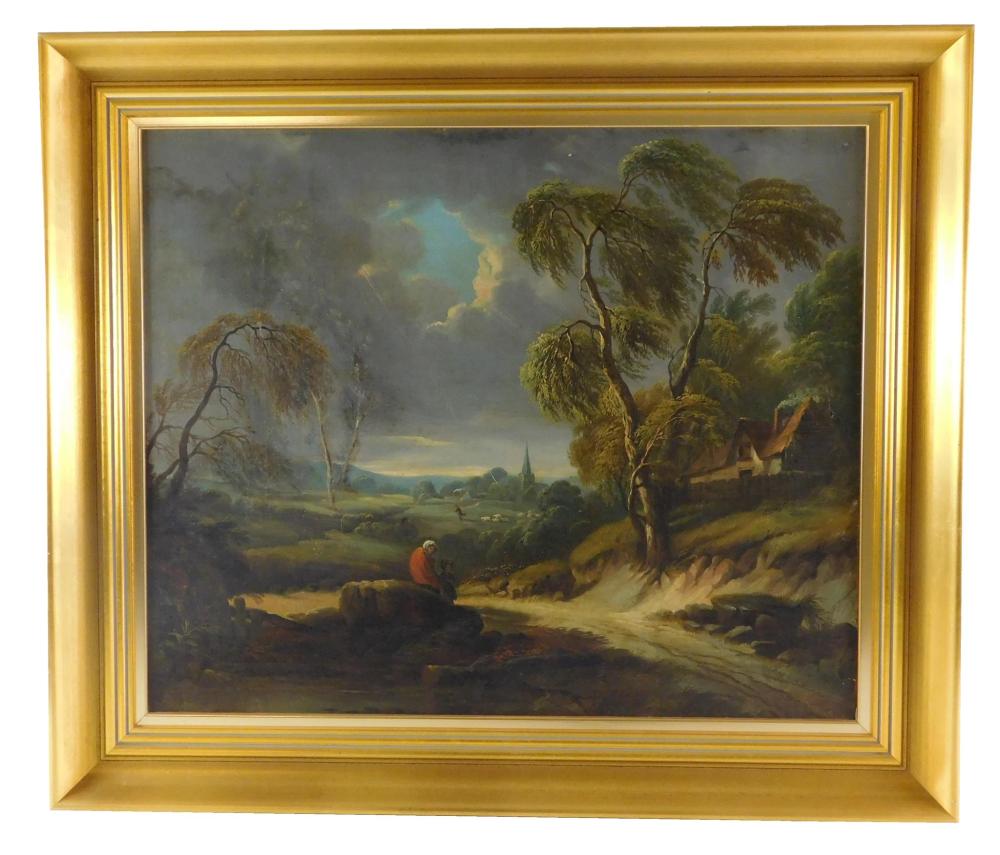 Appraisal: th C Oil on panel unsigned country landscape with woman